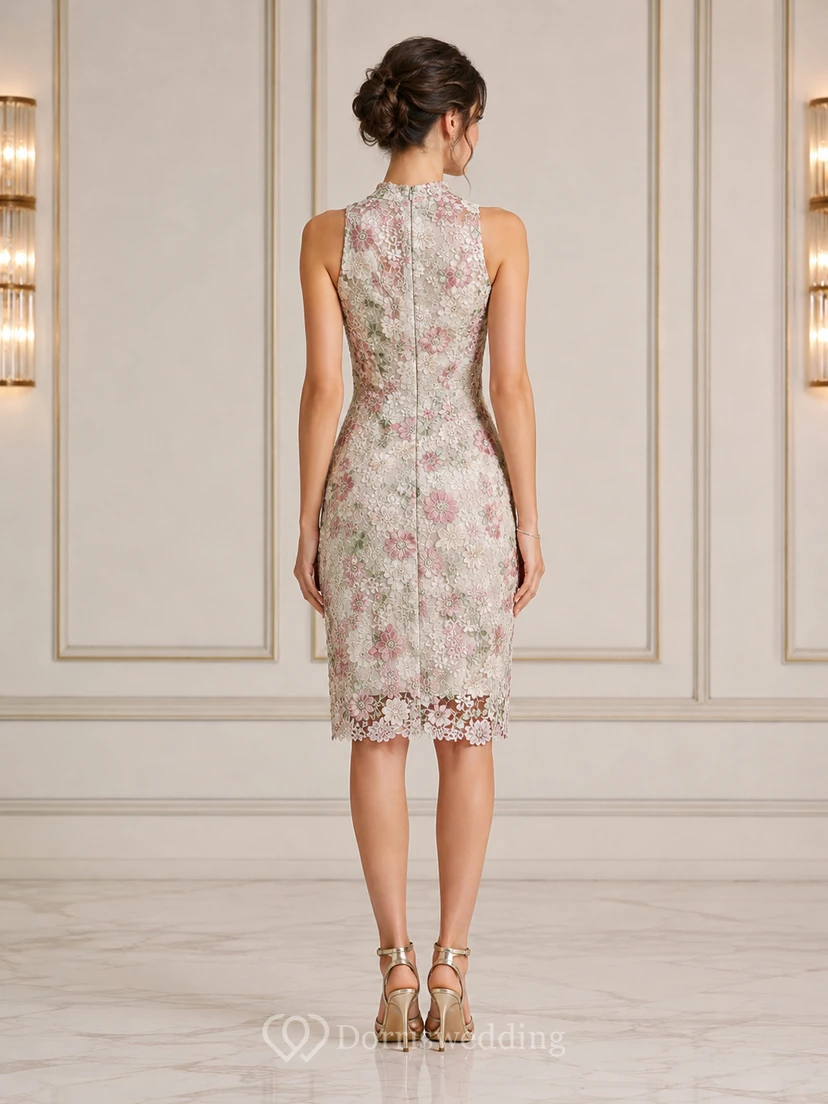 Floral Ivory Floral Lace High Neck Knee-Length Cocktail Dress view 2