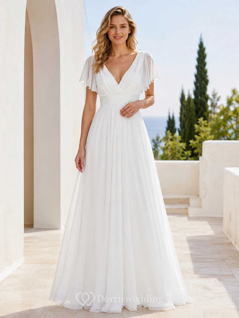 Robe de mariée romantique en mousseline plissée, décolleté en V, manches pétales et coupe trapèze, style jardin
