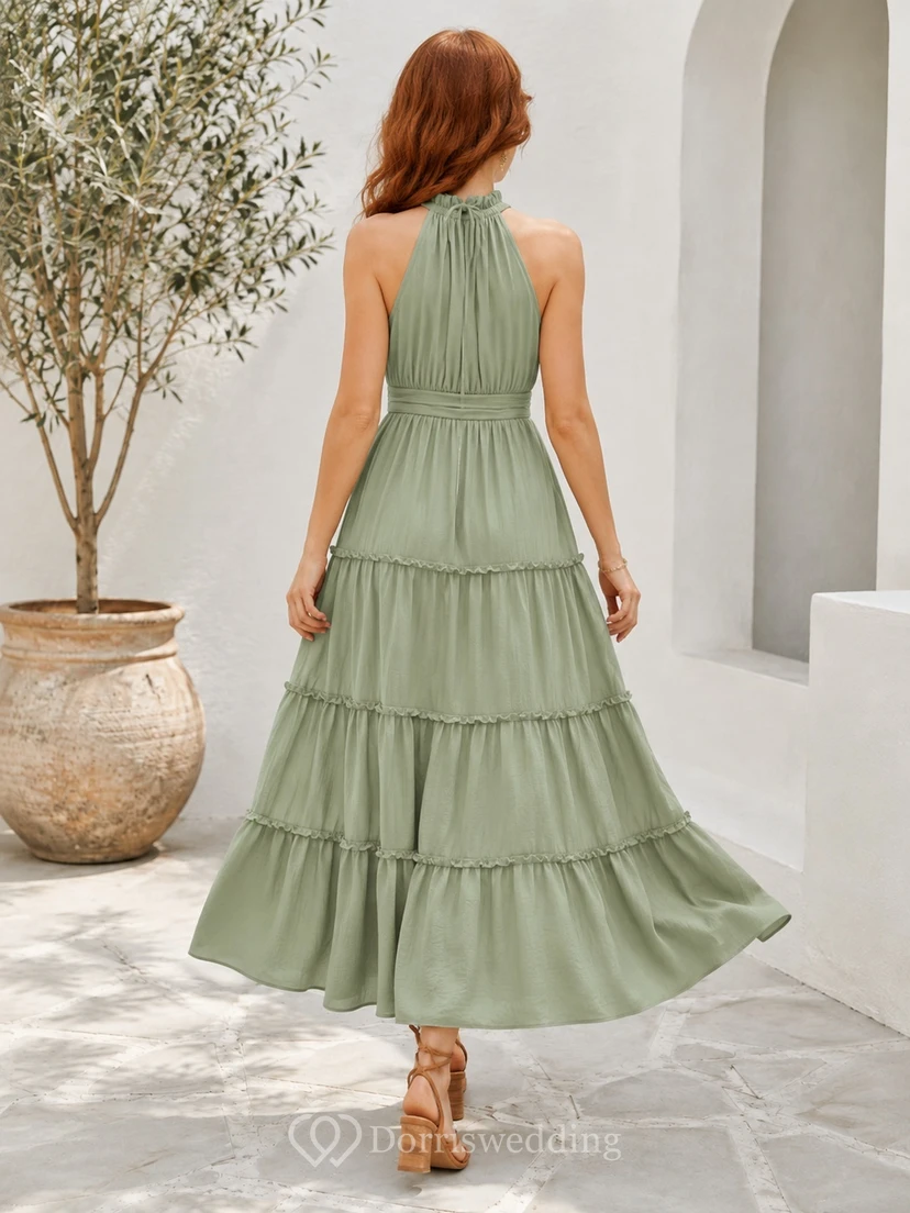 Sage Green Tiered Halter Sleeveless Chiffon A-line Ankle-length Bohemian Garden Dress view 2