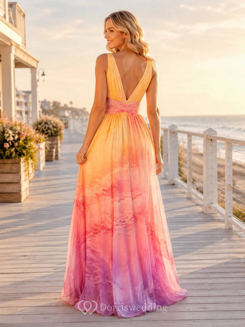 Vestido largo de noche playero con escote en V y degradado de atardecer view 2