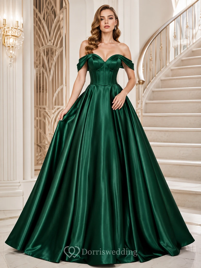 Dark Green Vintage Off Shoulder Sweetheart Satin Quinceanera Princess Formal Ball Gown