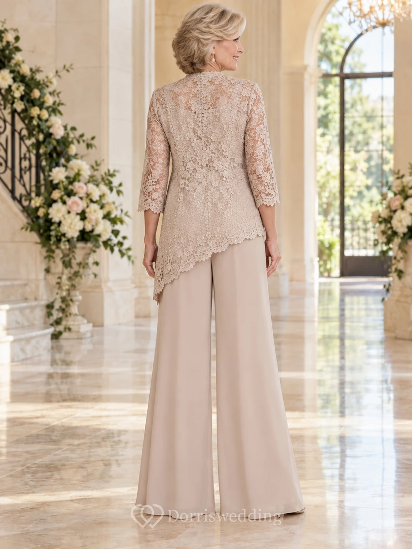Modest Champagne Scalloped Lace Jacket Palazzo Mother Wedding Pantsuit view 2