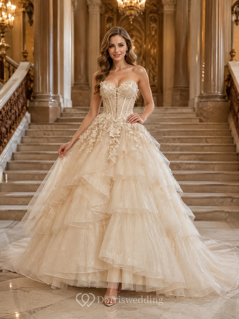 Strapless Sweetheart Layered Tulle Ball Gown Sweep Train Luxury Romantic Wedding Dress