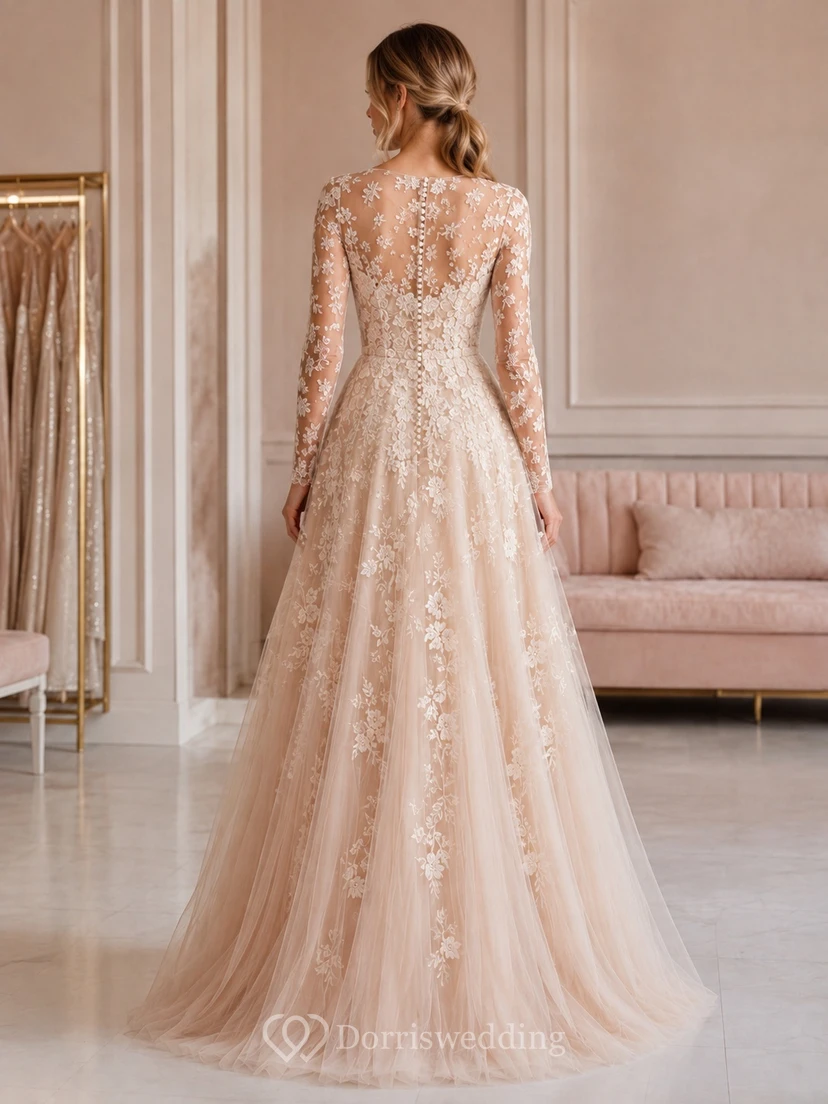 Champagne Long Illusion Sleeve Lace Tulle A-Line Floor-Length Luxury Formal Gown view 2