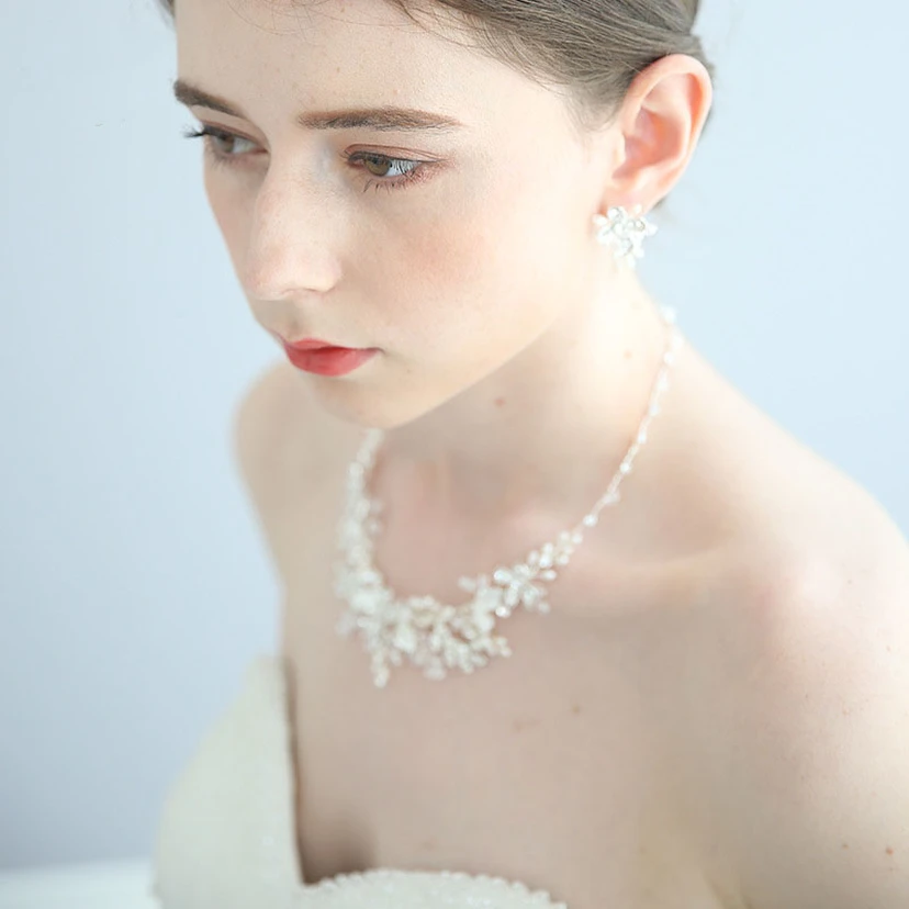 Classic Silver Crystal Rhinestone Necklace and Earrings and Crown Jewelry Set view 3