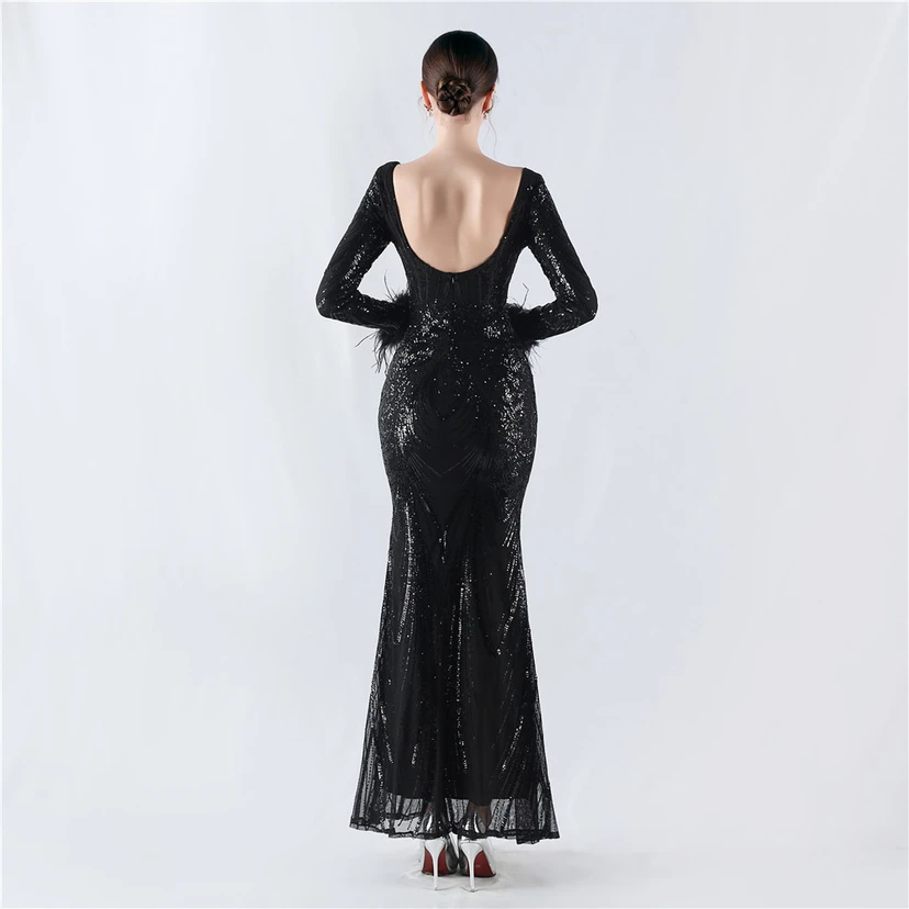Robe de soirée haut de gamme ornée de perles florales fixes et de poils d'autruche, hôte de la réunion annuelle d'hiver view 33