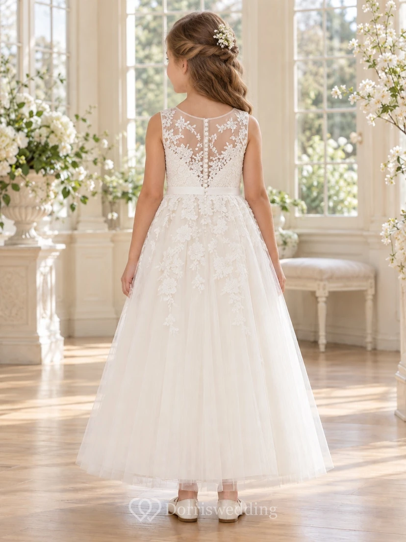 Ivory Floral Illusion Jewel Sleeveless Ankle-length A-Line Gathered Tulle Satin Sash Button Flowergirl Dress view 2
