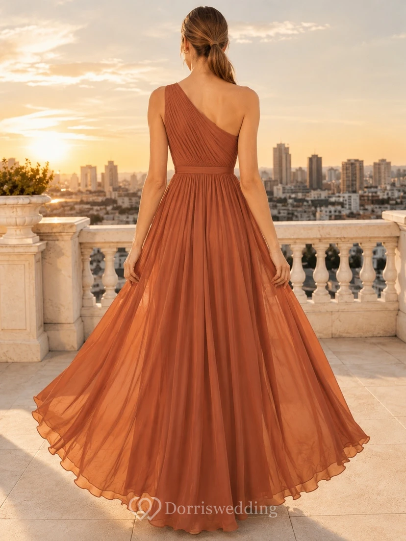 Romantic Copper Chiffon A-Line Floor-Length One-Shoulder Pleated Evening Dress view 2
