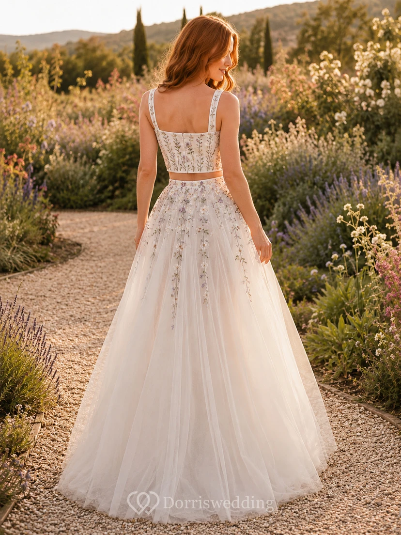 Square Neck Floral Embroidered Bodice Tulle Garden Bridal Set view 2