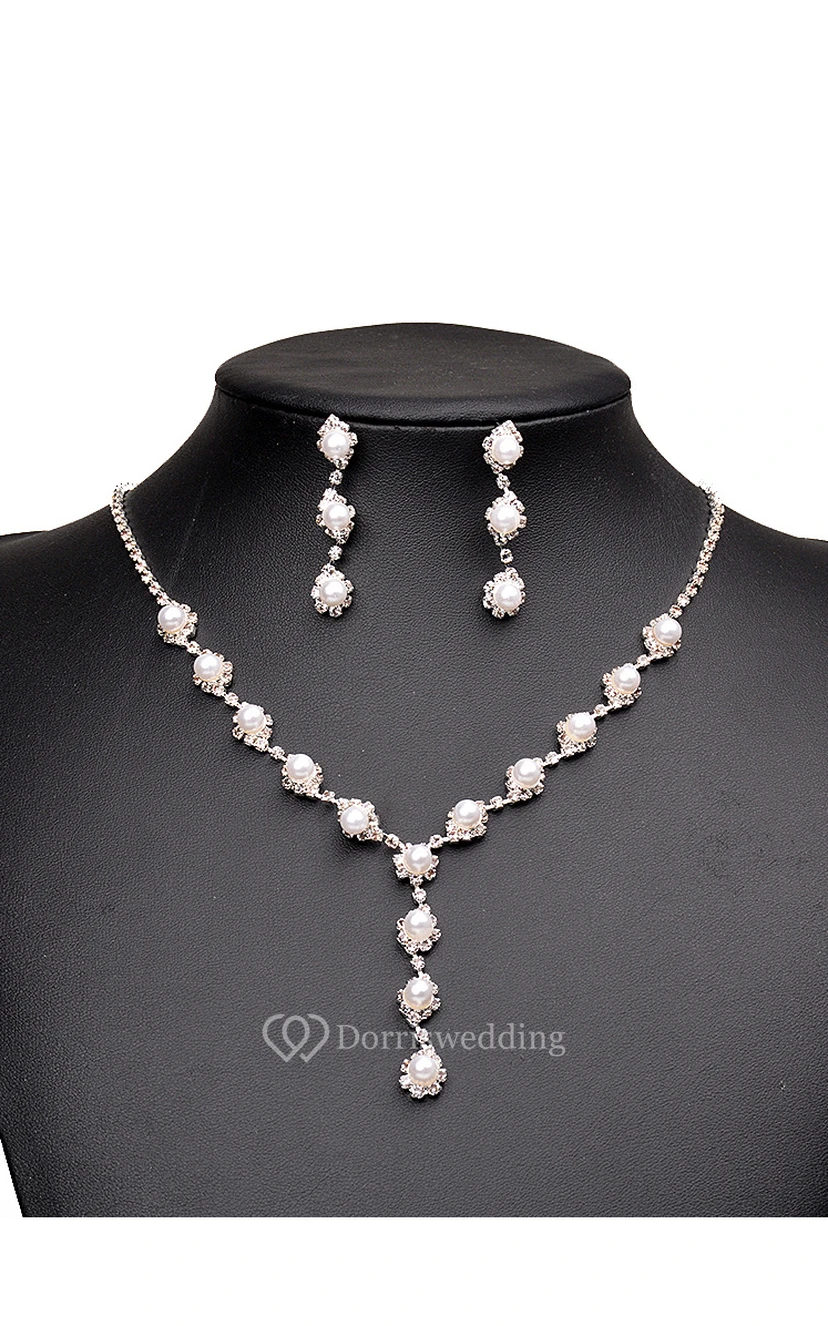 Special Bridal Pearl Design Rhinestone Necklace and Earrings Jewelry Set view 2