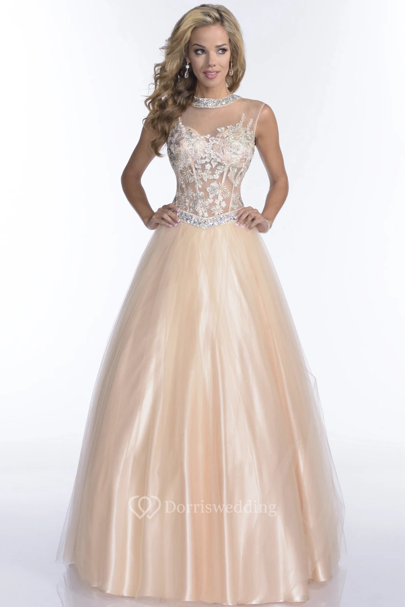 Ärmelloses A-Linien-Abendkleid aus Tüll mit Kristallkragen, Schlüssellochausschnitt am Rücken und Spitzenoberteil