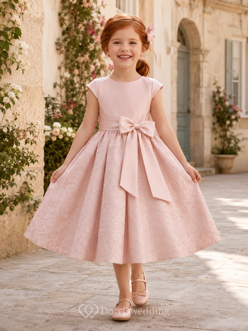 Blumenmädchenkleid aus rosafarbenem Satin, A-Linie, kurze Ärmel, Rundhalsausschnitt, Teelänge, Schleifendetail