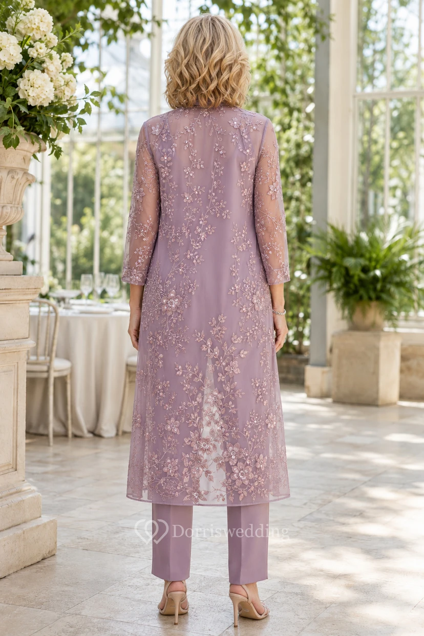 MOB Hosenanzug, malvenfarbener Satin-Spitzen-Jumpsuit, langärmelig, Rundhalsausschnitt, knöchellang, mit Jacke view 2