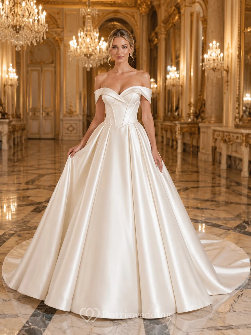 Vestido de novia de satén y tul, estilo princesa, con hombros descubiertos, cola larga y escote en V bajo.