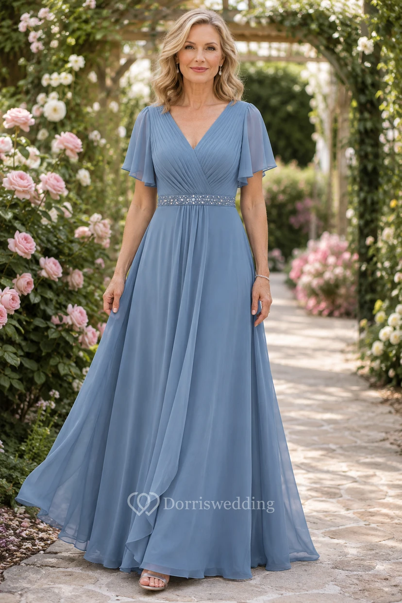 Stahlblaues Chiffon-Kleid in A-Linie mit V-Ausschnitt und Volantärmeln