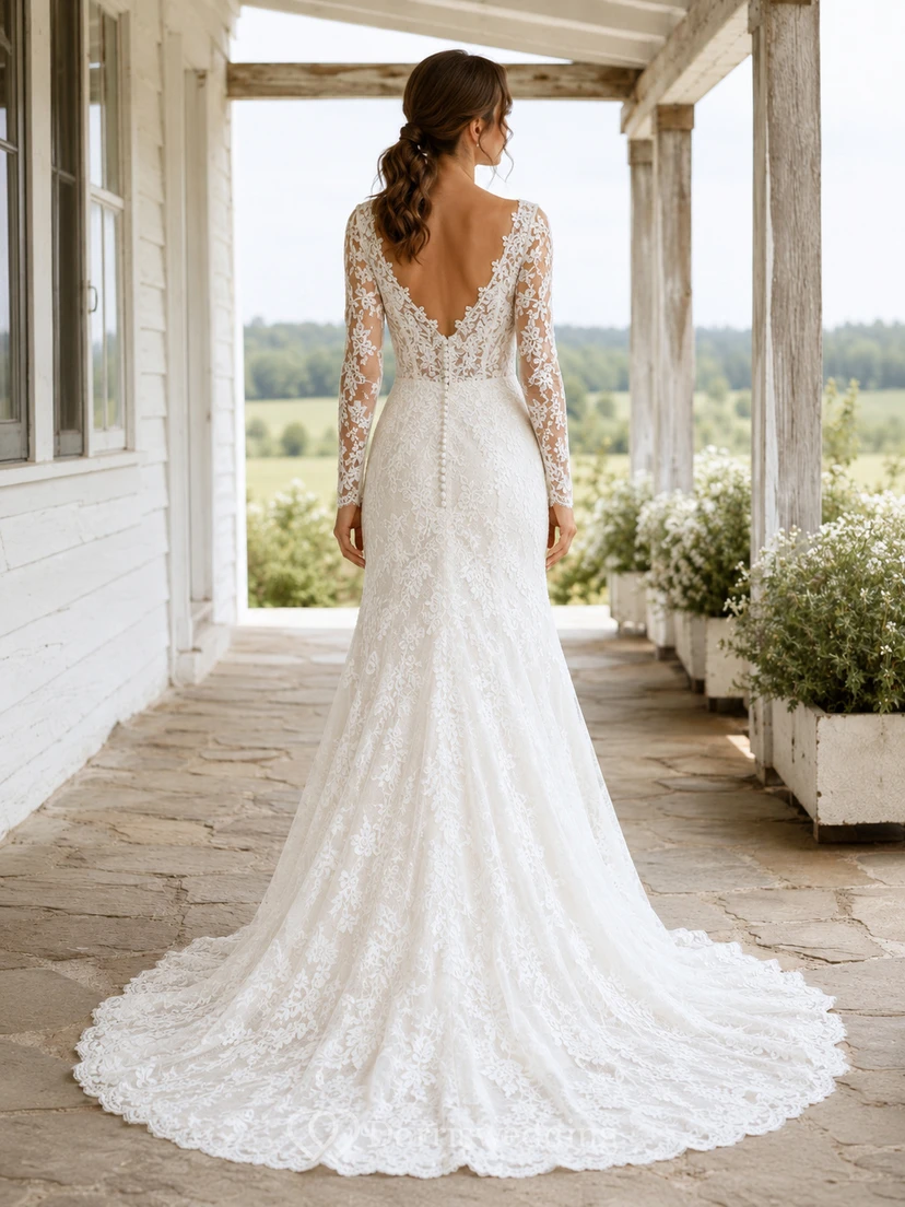 Rustic Plunging V Neck Long Sleeve Lace Mermaid Deep V Back Wedding Dress view 2