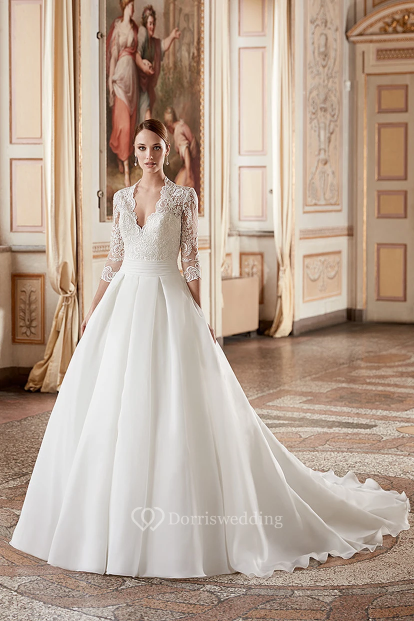 Ball Gown V-Neck 3-4-Sleeve Organza Wedding Dress With Illusion