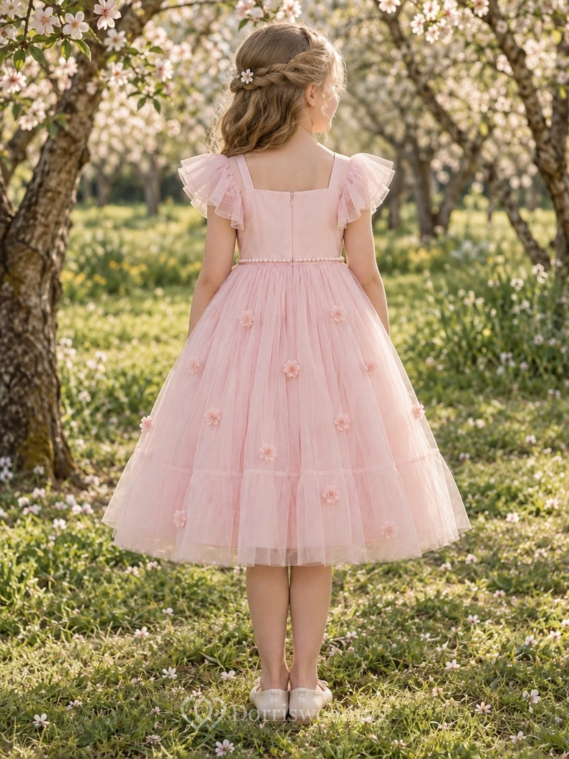 Square Neck Blush Flutter Sleeve Pearl Waist Rose Applique Tea-length A-Line Gathered Tulle Flowergirl Dress view 2