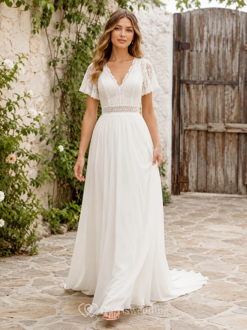 Bohemian V Neck Lace Petal Sleeve Chiffon A-Line Deep Back Wedding Dress