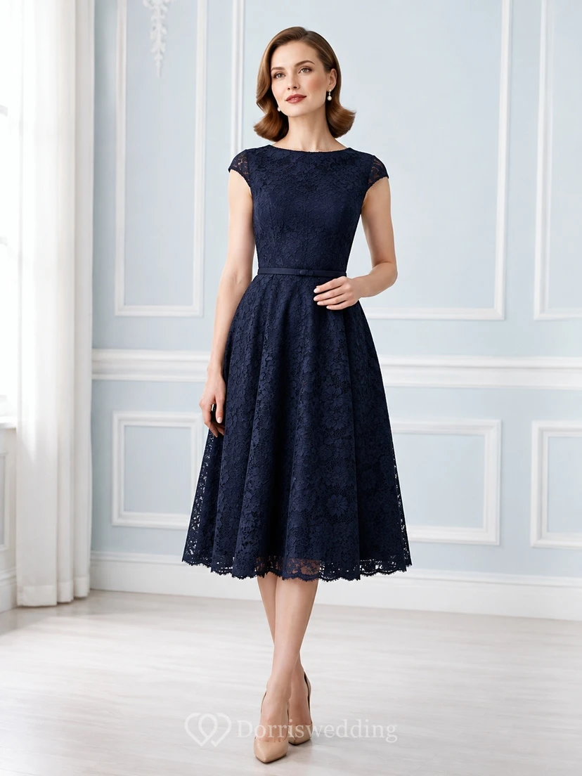 Dark Navy Jewel Neck Cap Sleeve Lace A-Line Tea-length Vintage Cocktail Dress