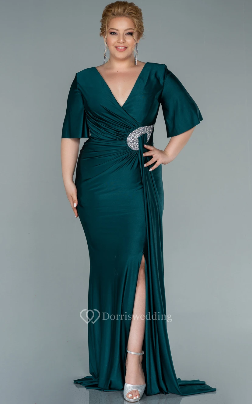 Charming V-neck Half-sleeve Sheath Mermaid Ruched Front Split Plus Size Evening Dress view 11