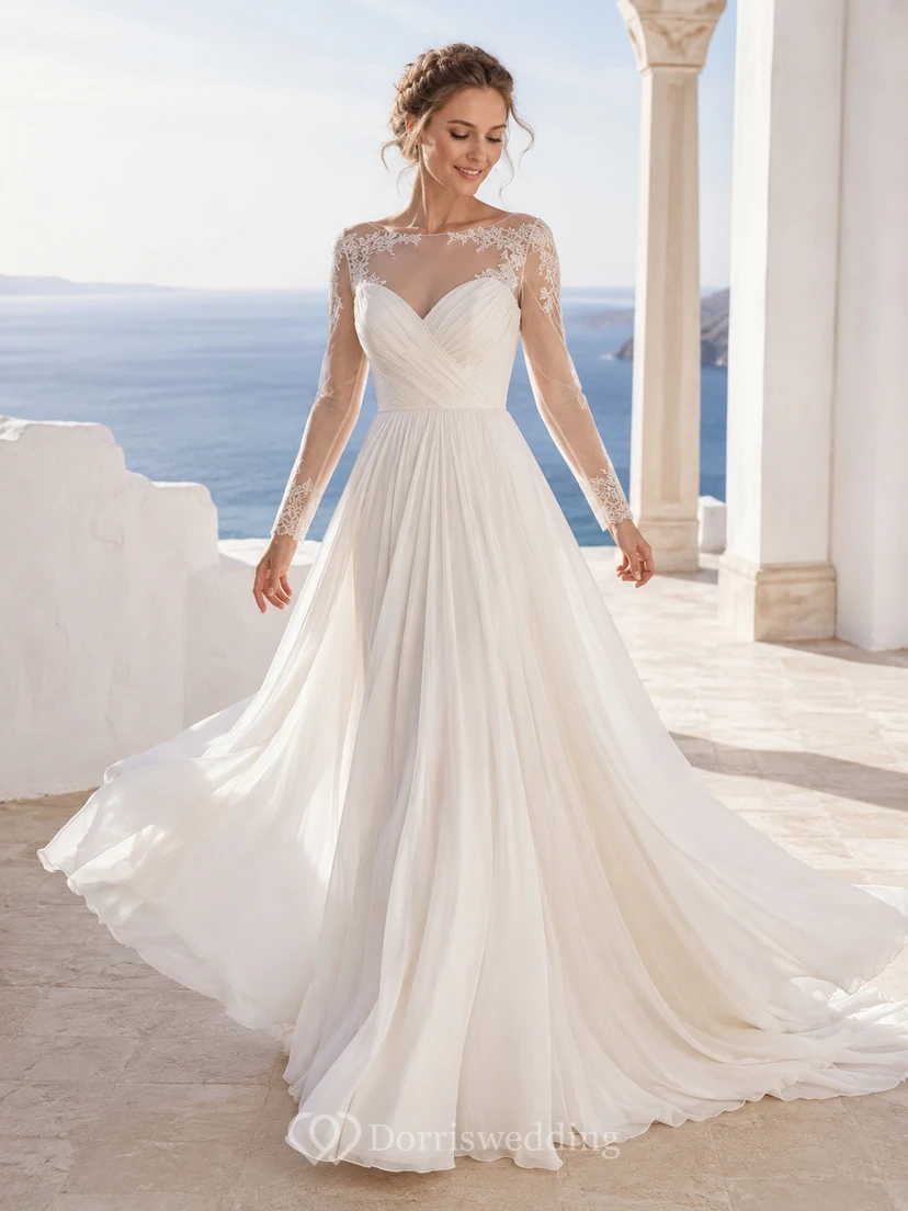 Robe de mariée bohème en dentelle à manches longues, coupe trapèze, dos illusion, style plage