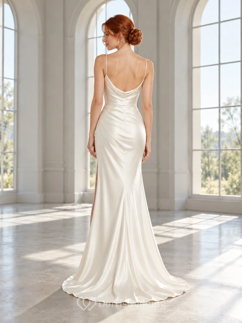 Simple Sheath Cowl Neck Spaghetti Strap Split Satin Wedding Dress view 2