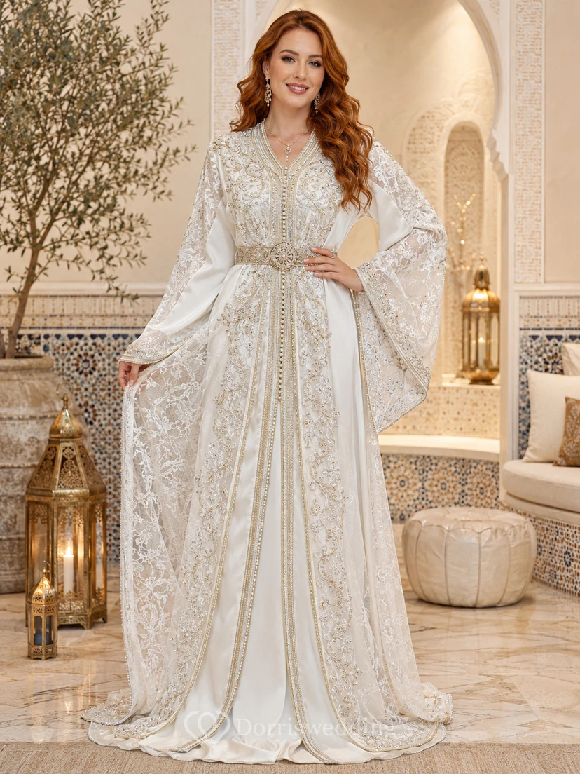 Robe de mariée marocaine de luxe, style caftan, col en V, manches longues cape, broderies dorées