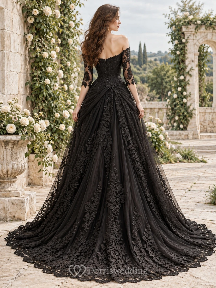 Gothic Black Off Shoulder Lace Sleeve Draped Train Wedding Dress view 2