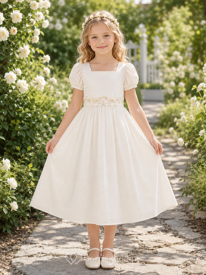 Blumenmädchenkleid aus elfenbeinfarbenem Satin, A-Linie, kurze Ärmel, Rundhalsausschnitt, Teelänge, Schleifendetail