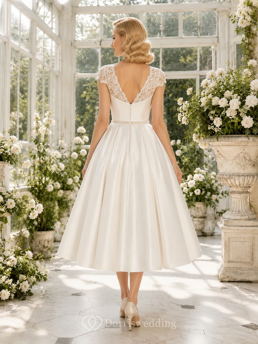 Vestido de novia vintage de satén con escote corazón, largo hasta la rodilla y mangas cortas de encaje, ideal para bodas al aire libre. view 2