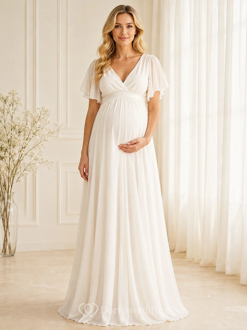 Maternity Modest V Neck Flutter Sleeve White Chiffon Formal Dress