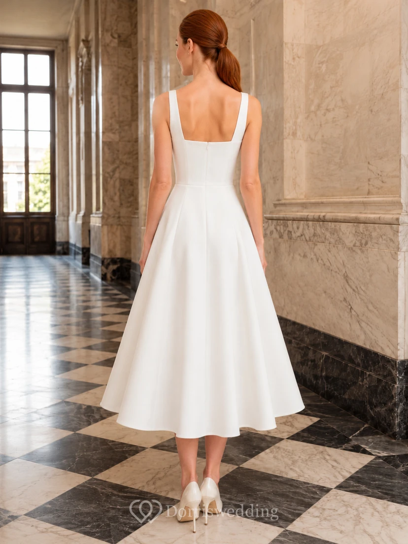 Vestido de novia midi sencillo de corte A con escote cuadrado, estilo juzgado view 2