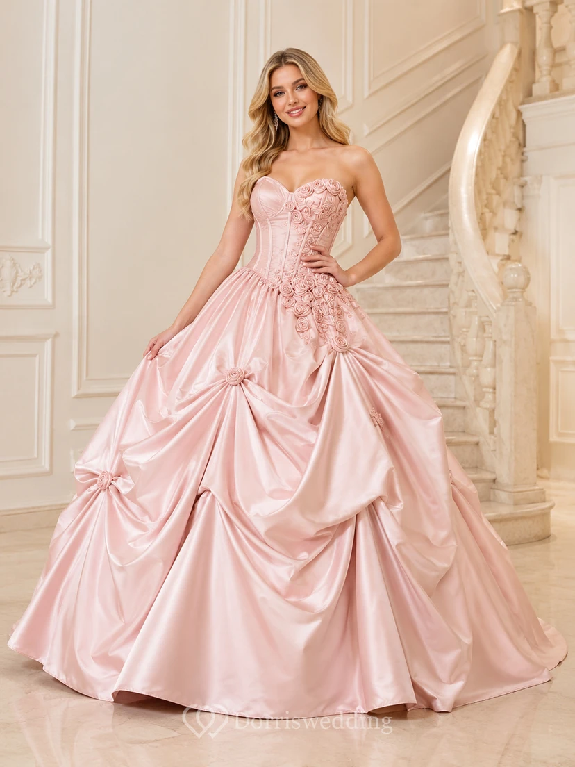 Blush Luxury Strapless Sweetheart Rosette Draped Satin Quinceanera Princess Ball Gown