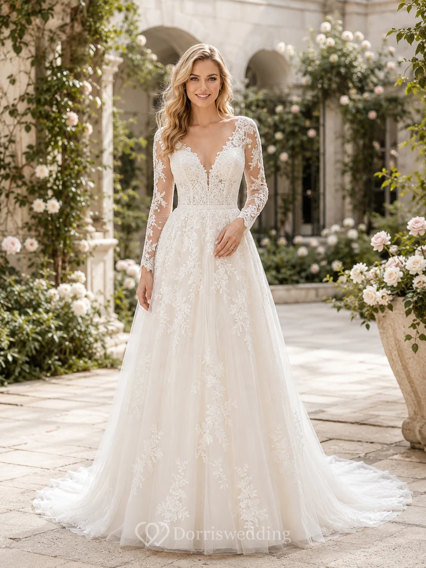 Robe de mariée romantique à col en V, dentelle illusion, manches longues et traîne chapelle