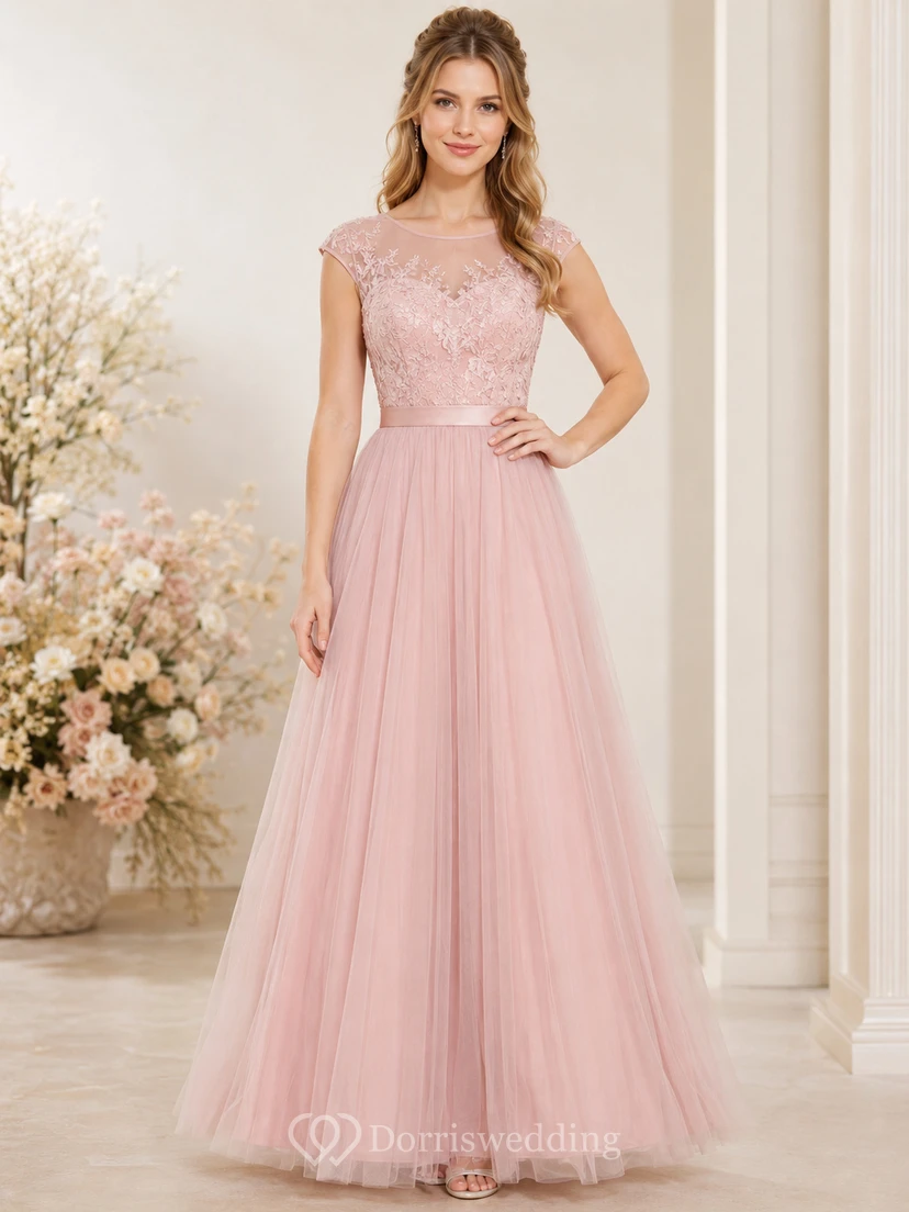 Vestido de dama de honor largo hasta el suelo, de corte A, color rosa empolvado, con cuello joya, mangas cortas y encaje de tul.