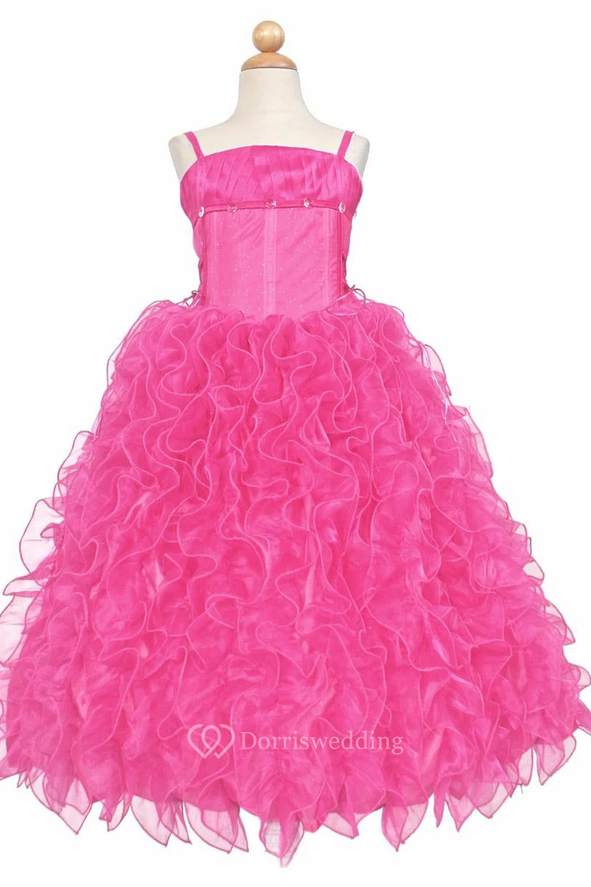Spaghetti Long Tiered Ruffled Lace&Organza Flower Girl Dress view 3