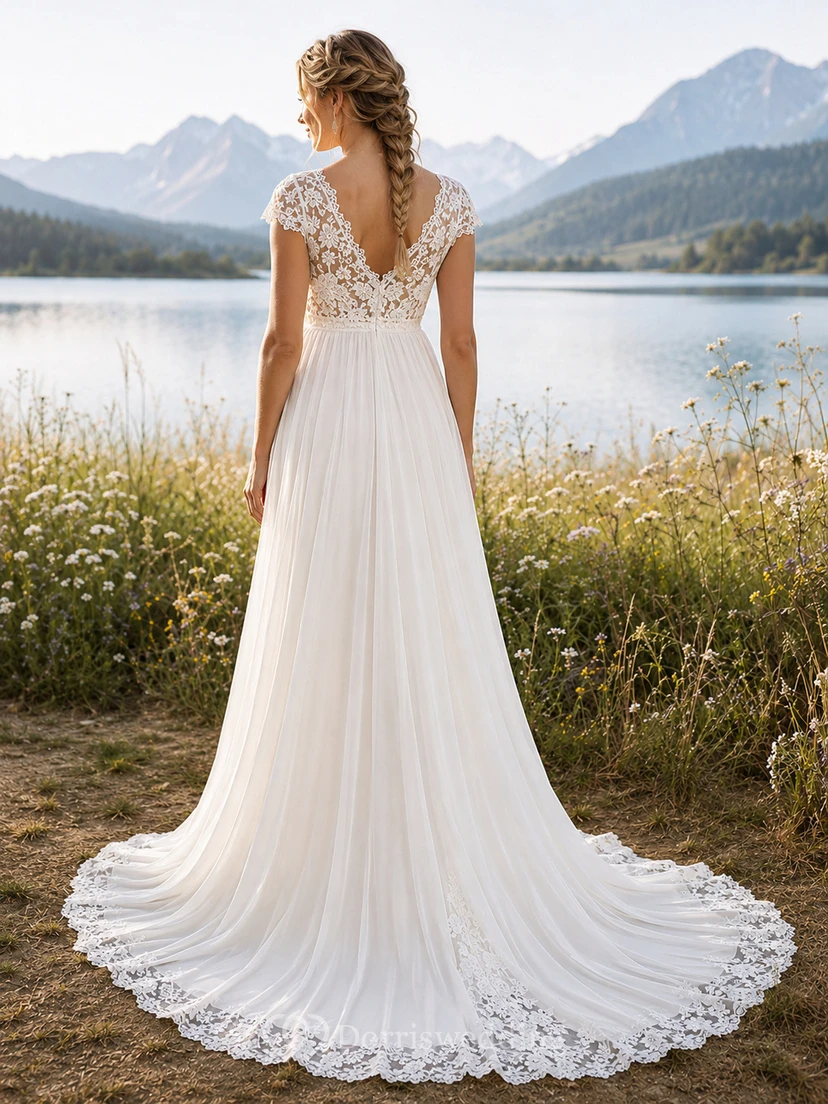 Maternity V Neck Lace Cap Sleeve Mountain Wedding Dress view 2