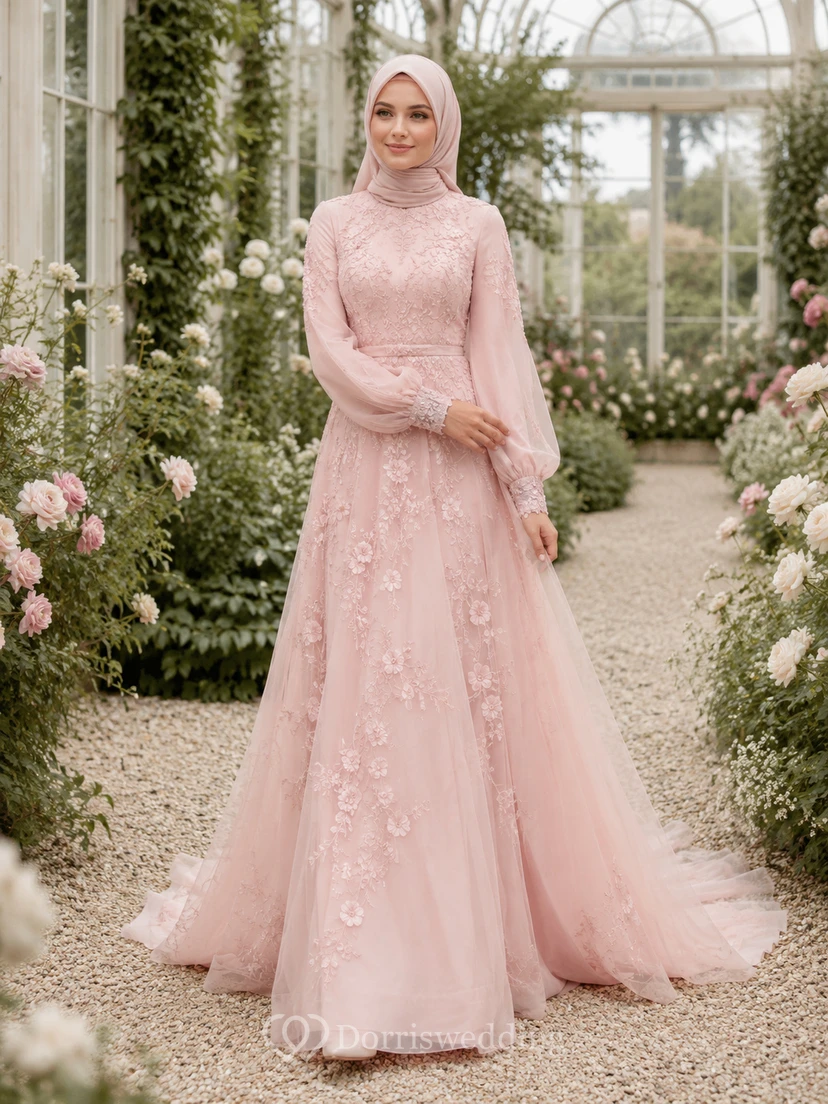 Blushing Pink Muslim Long Sleeve Lace Garden Wedding Dress