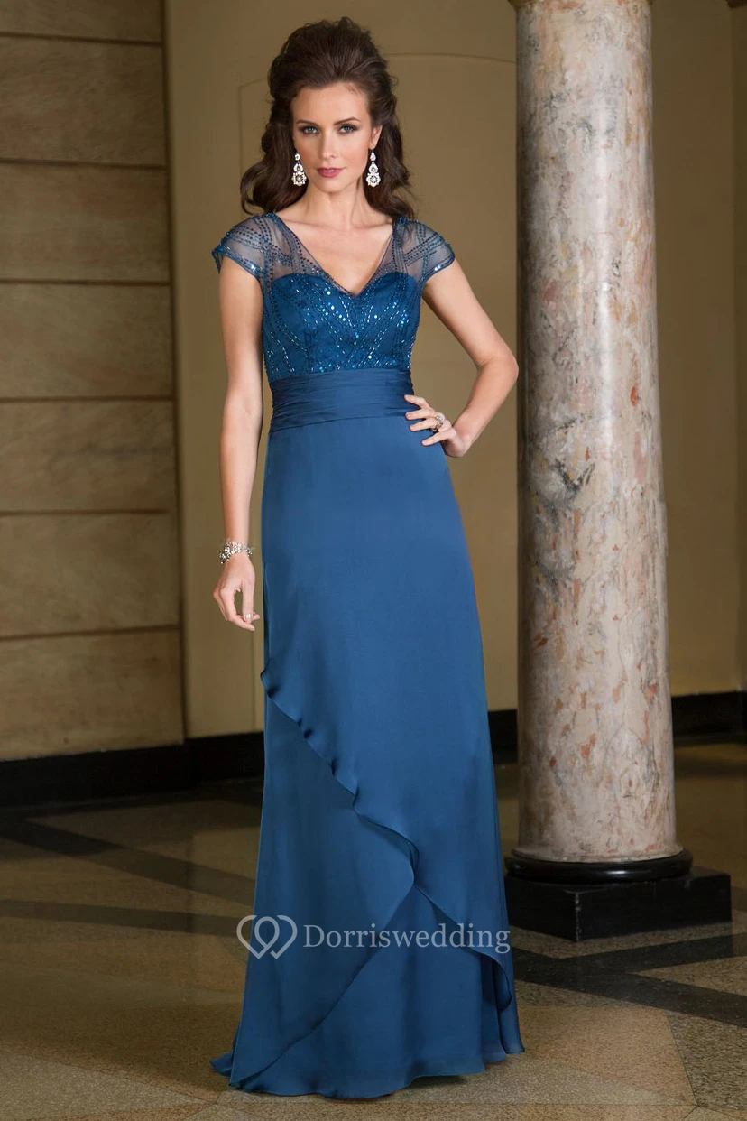 Cap-Sleeved V-Neck Long Mother Of The Bride Dress With Ruffles And Sequins