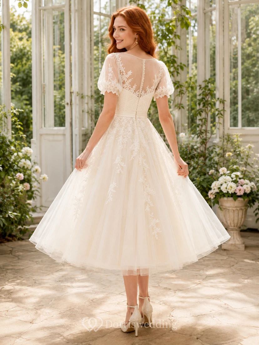 Adorable vestido de novia romántico de encaje y tul con mangas cortas y escote corazón hasta la rodilla view 2