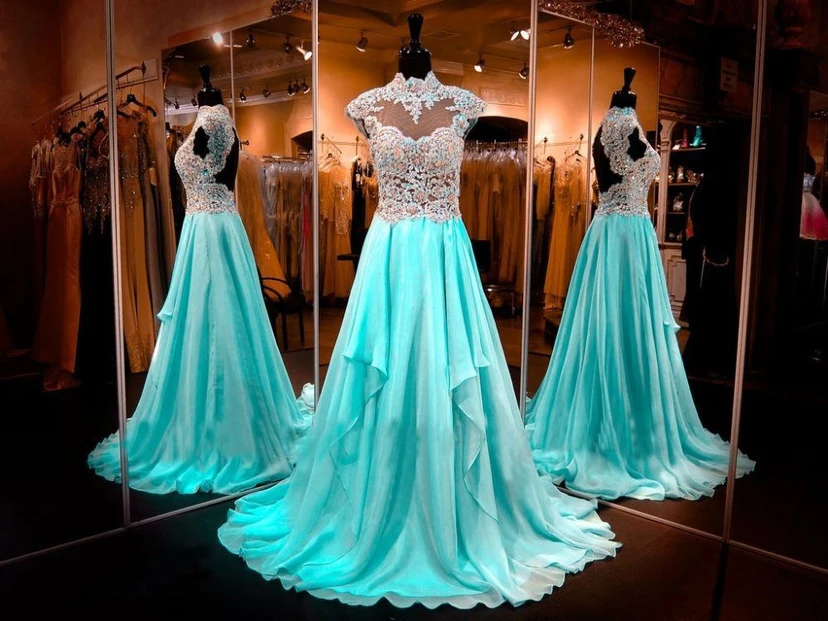 Luxurious Appliques Beadings Evening Dress High Neck A-line Zipper view 2