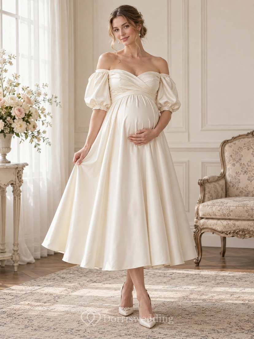 Vintage Maternity Tea-length Off Shoulder Puff Sleeve Satin Wedding Dress