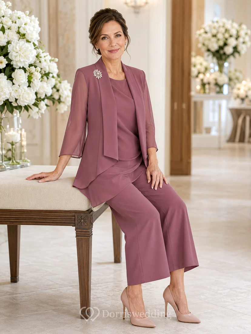 Vintage-Mauve-Hose, elegant, kurz geschnitten, weites Bein, mit Broschenverzierung, Rundhalsausschnitt, asymmetrischem Dreiviertel-Blazer, perfekt für die Mutter der Braut.