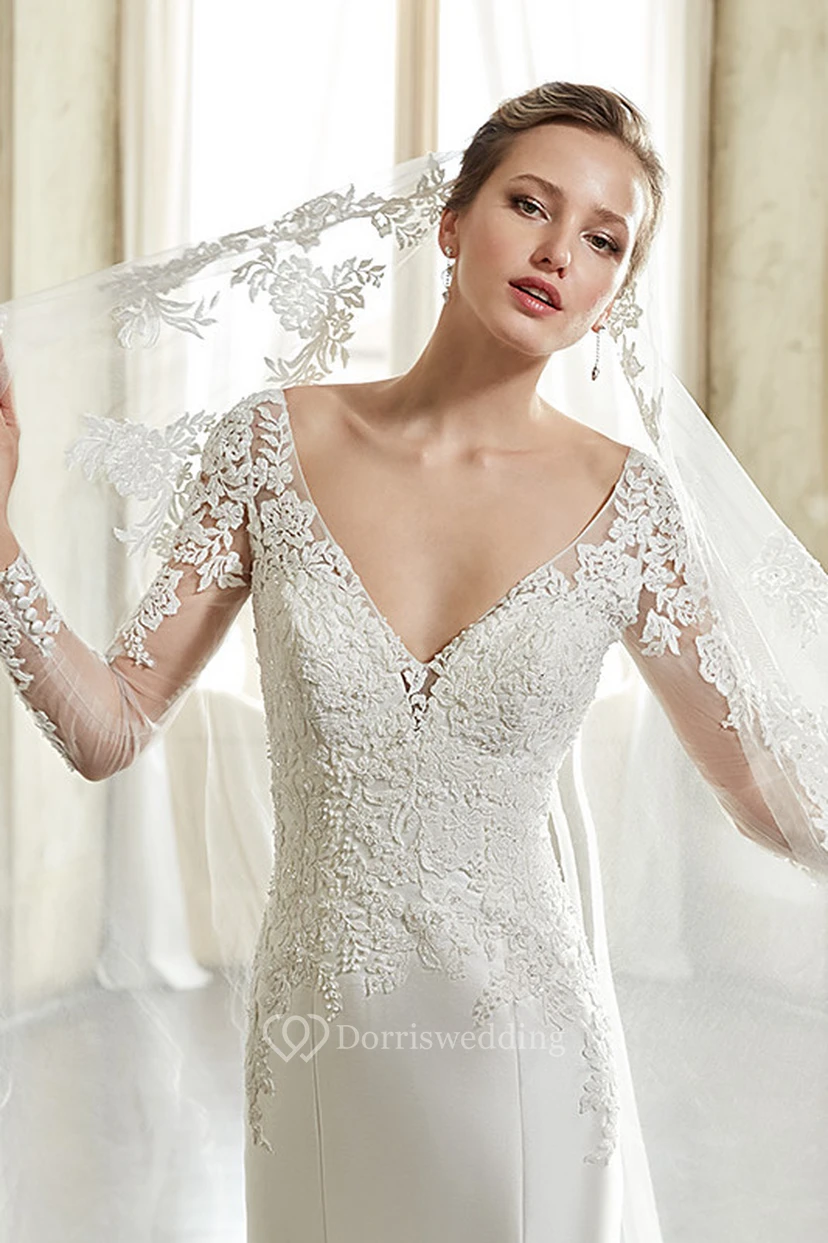 Trumpet V-Neck Appliqued Floor-Length Long-Sleeve Satin Wedding Dress view 4