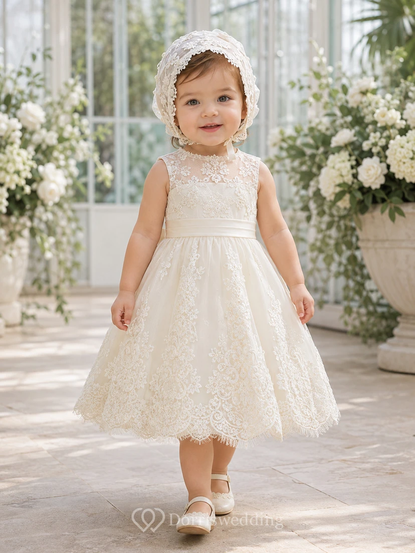 Baby Baptism Christening Ceremony Dress A-Line Tea-Length Jewel Neck Sleeveless Tulle Lace Bow Back Button Back