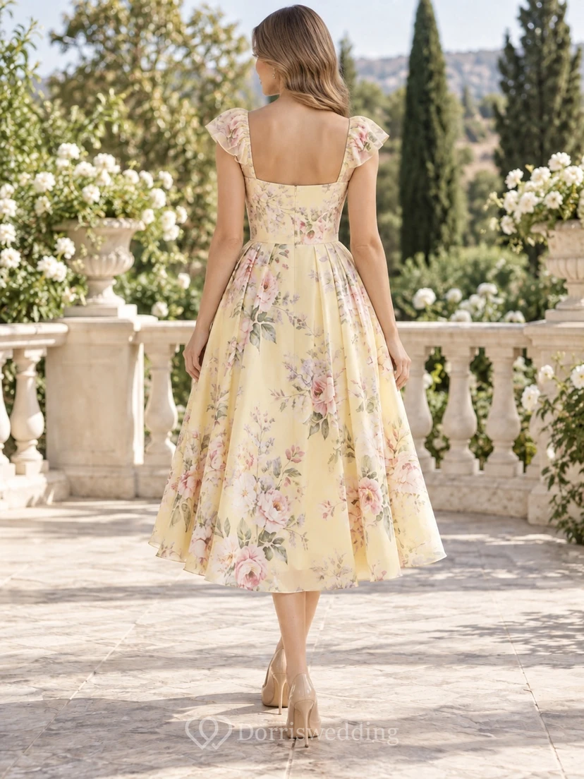 Vestido de fiesta de gasa con estampado floral de narcisos, cuello cuadrado y mangas cortas, largo hasta la rodilla, corte en A. view 2