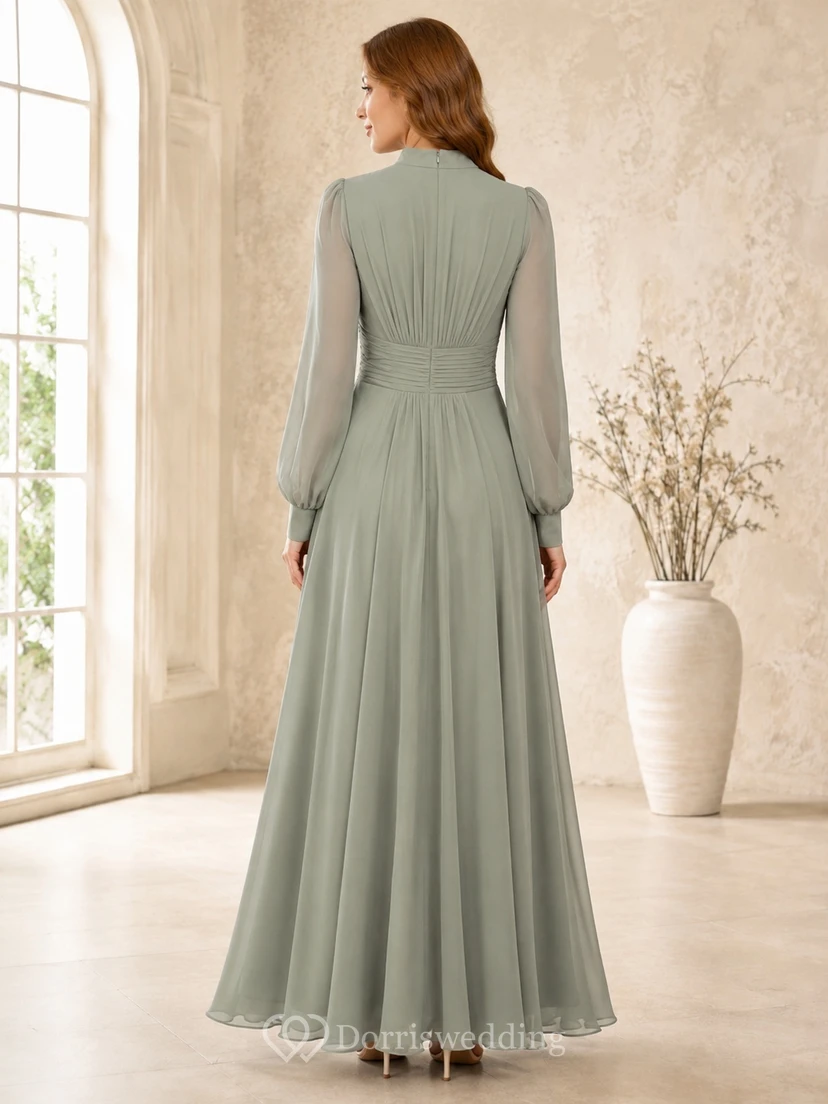 Sage Chiffon High Neck Long Sleeve A-Line Floor-length Modest Formal Gown view 2