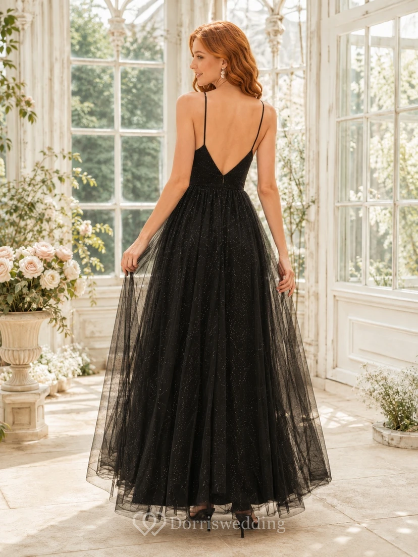 Black Tulle Spaghetti Strap V-Neck A-Line Sweep Train Evening Formal Dress view 2