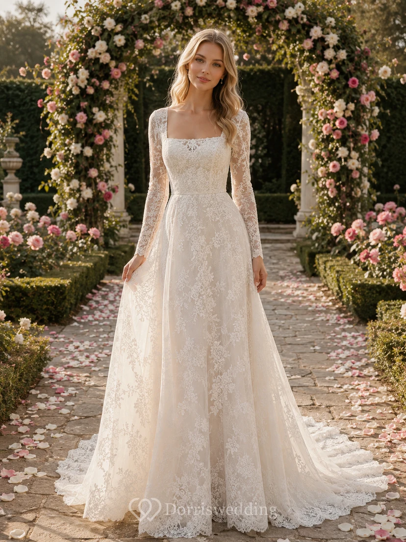 Square Neck Long Sleeve Lace Garden Train Bridal Gown